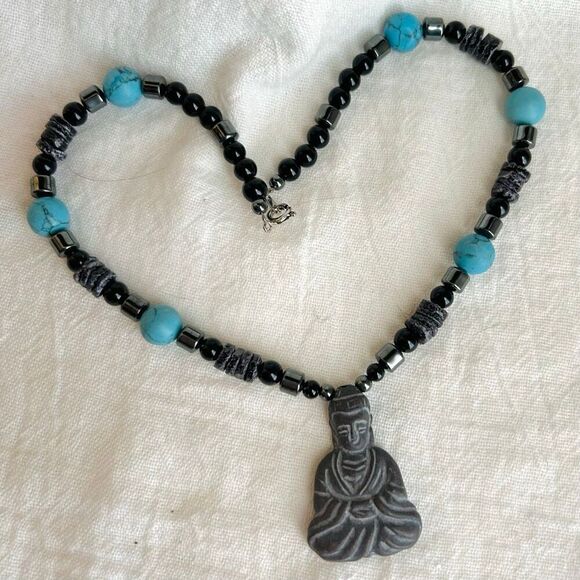 Buddha Beaded Black Puka Hematite Turquoise Howlite Unisex Choker Necklace - Picture 4 of 5